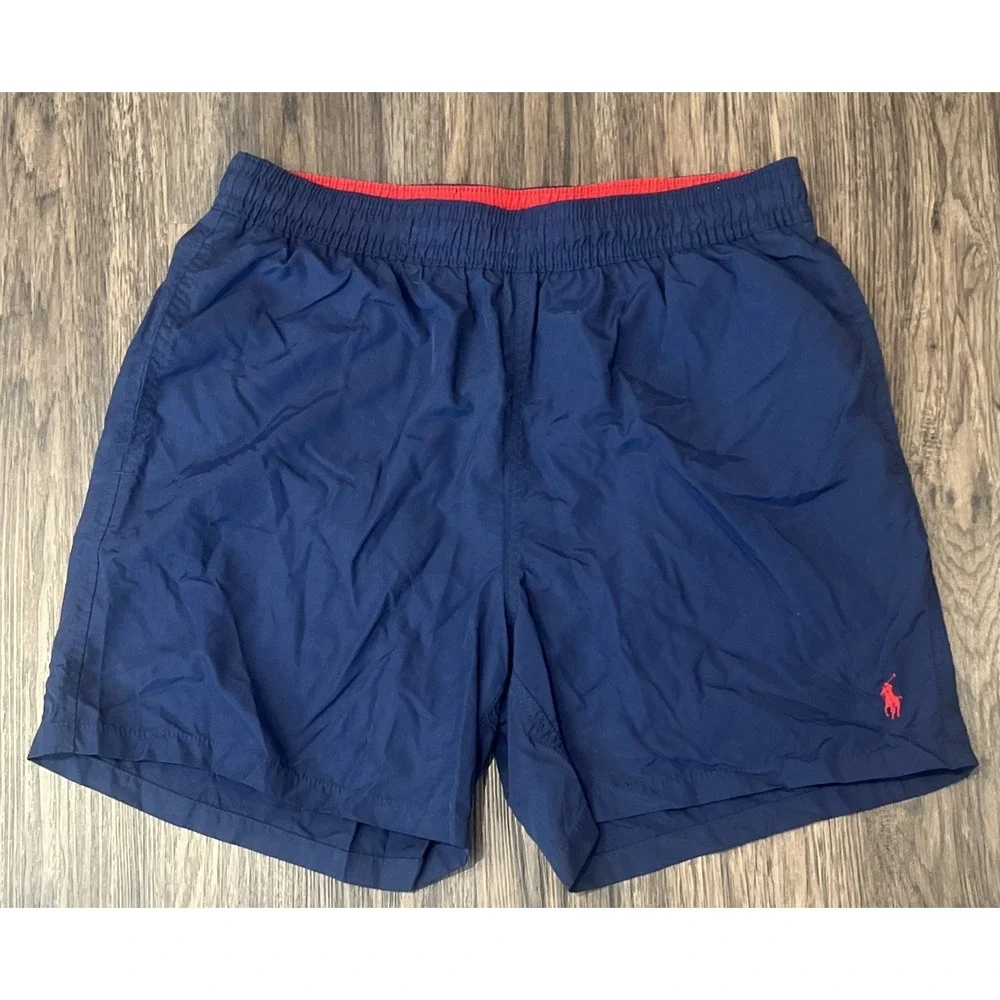 Polo Ralph Lauren Men's Large Navy Red Swim Trunks Elastic Waist Drawstring